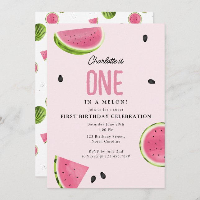 Invitación Uno en un Melón en verano Cumpleaños (Anverso / Reverso)