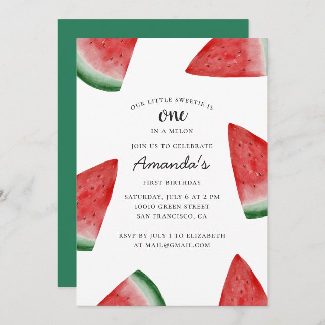 Invitación Uno en un melón. Fiesta de cumpleaños de la sandía (Anverso / Reverso)