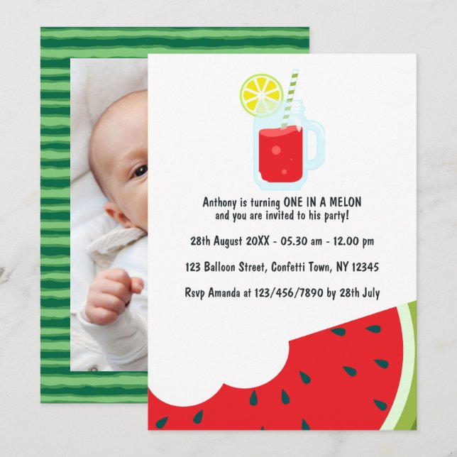 Invitación "Uno en un Melón" Foto de Cumpleaños Número Uno (Anverso / Reverso)
