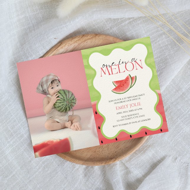 Invitación Uno en un MELON | Fotografía verde rosa 1er cumple (one in a melon 1st birthday invitation with photo)