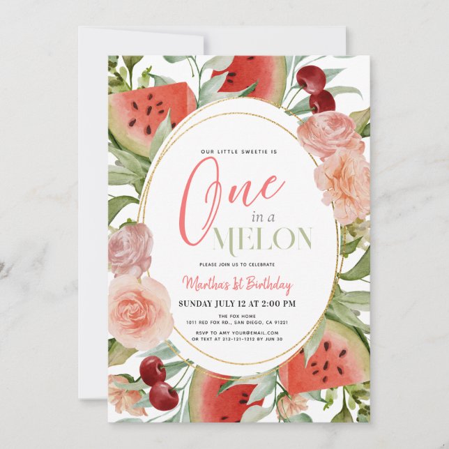 Invitación Uno en un Melón Melón Chica Floral Primer cumpleañ (Anverso)
