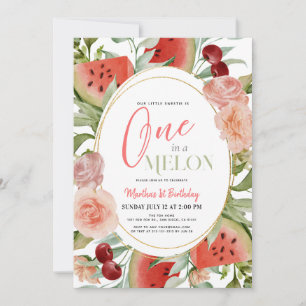 Invitación Uno en un Melón Melón Chica Floral Primer cumpleañ