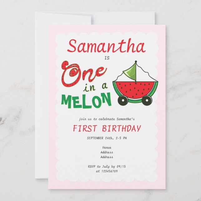 Invitación Uno en un Melón Melón Cute Toy primer cumpleaños (Anverso)