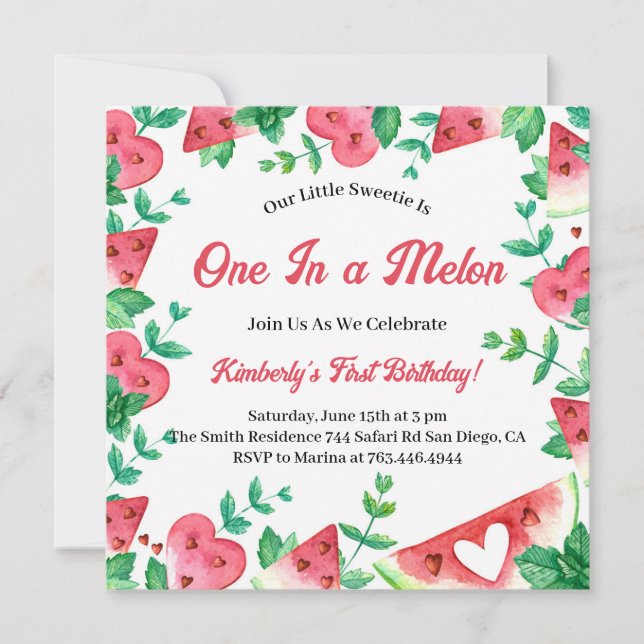Invitación Uno En Un Melón Melón Verano Primer Cumpleaños (Anverso)