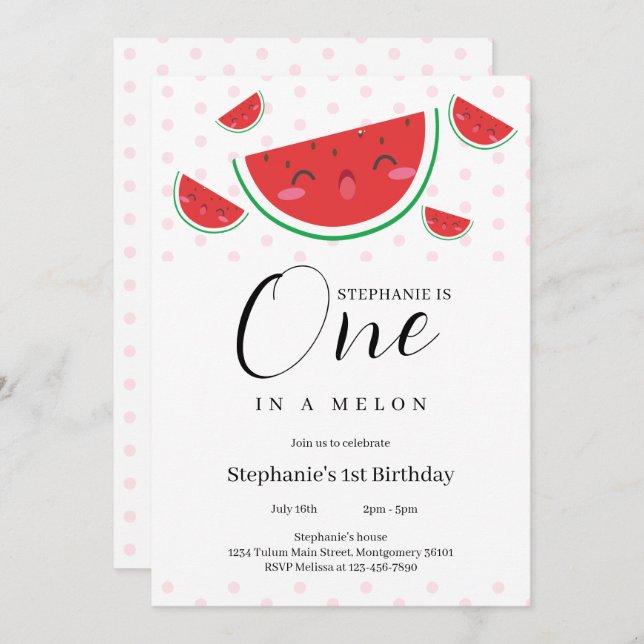 Invitación Uno en un Melon Pink Polka Dot Primer Fiesta de cu (Anverso / Reverso)