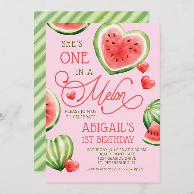 Invitación Uno en un Melón Primer Cumpleaños (Anverso / Reverso)