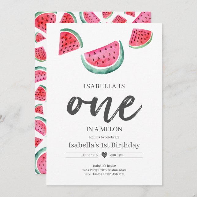 Invitación Uno en un Melón Primer Cumpleaños sandía Cumpleaño (Anverso / Reverso)