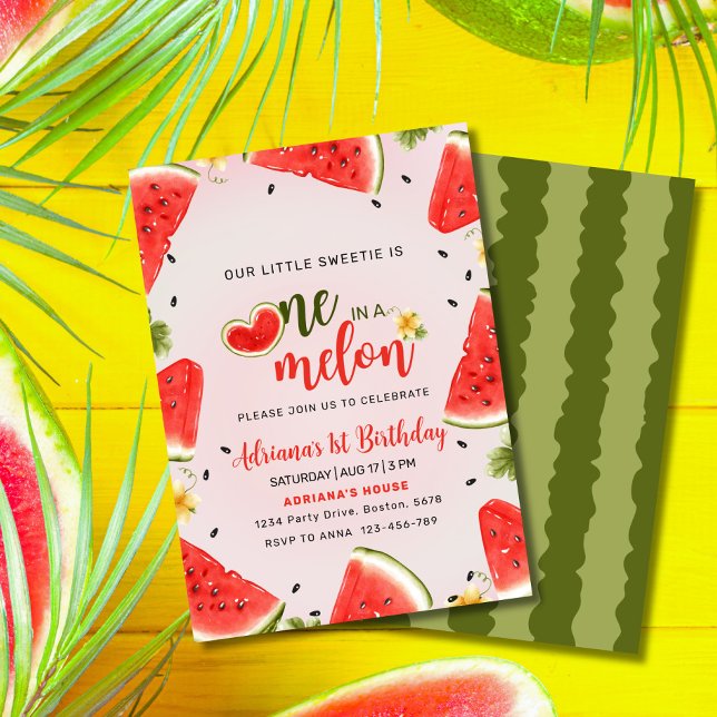 Invitación Uno en un Melón Primer Cumpleaños sandía Cumpleaño (One in a Melon  Watermelon Slice Invitation – Cute, Editable & Perfect for Summer Parties!")