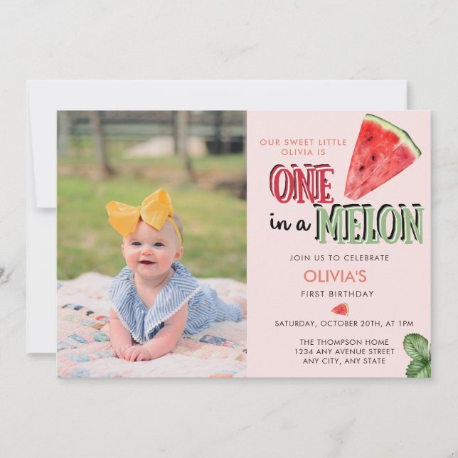 Invitación Uno en un melón | sandía | 1 cumpleaños (Anverso)