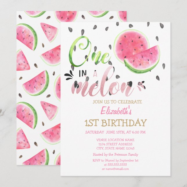Invitación Uno en un Melón Sandías Cumpleaños número 1 (Anverso / Reverso)