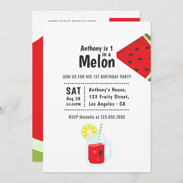 Invitación Uno en una fiesta de cumpleaños de Melon (Anverso / Reverso)