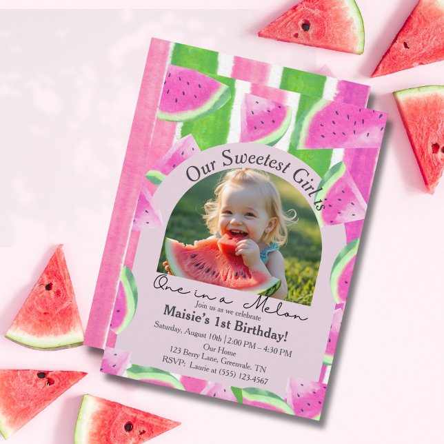 Invitación Uno en una Foto de Sandía Rosa Cumpleaños de Sandí (One in a Melon Photo Pink Watermelon Birthday Invitation)
