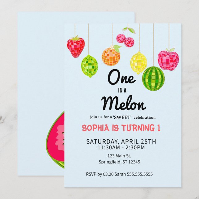 Invitación ¡Uno en una Sandía! Cumpleaños número 1 (Anverso / Reverso)