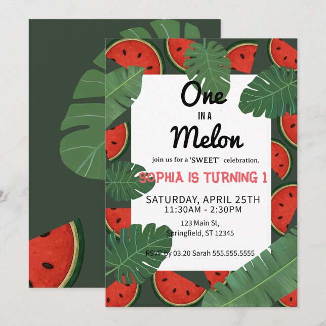 Invitación ¡Uno en una Sandía! Cumpleaños número 1 (Anverso / Reverso)