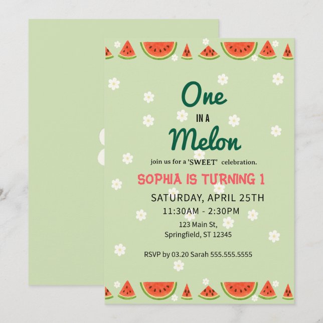 Invitación ¡Uno en una Sandía! Cumpleaños número 1 (Anverso / Reverso)
