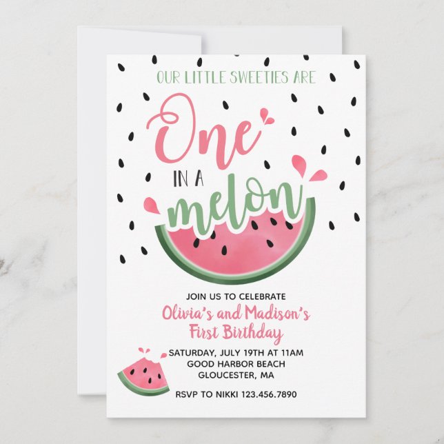 Invitación Uno en una sandía melón melón gemela primer cumple (Anverso)