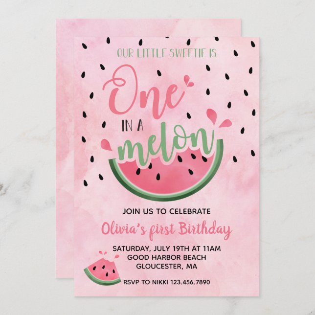 Invitación Uno en una sandía melón melón melón primer cumplea (Anverso / Reverso)