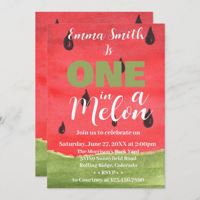 Invitación Uno en una sandía melón melón Primer cumpleaños (Anverso / Reverso)