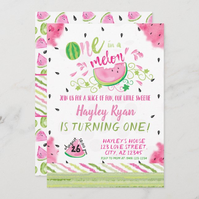 Invitación Uno en una sandía melón Melón Verano 1er cumpleaño (Anverso / Reverso)