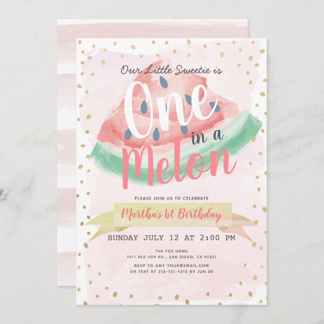 Invitación Uno en una sandía melón rosa Chica primer cumpleañ (Anverso / Reverso)