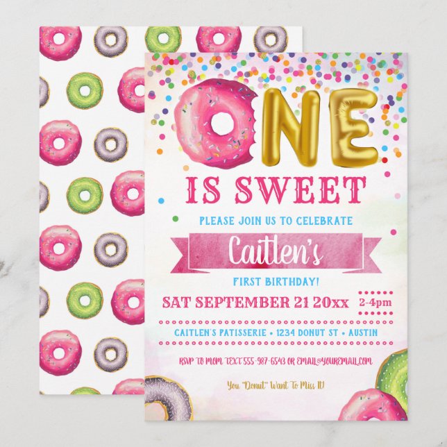 Invitación Uno Es Dulce Donut Primer Cumpleaños Confetti (Anverso / Reverso)
