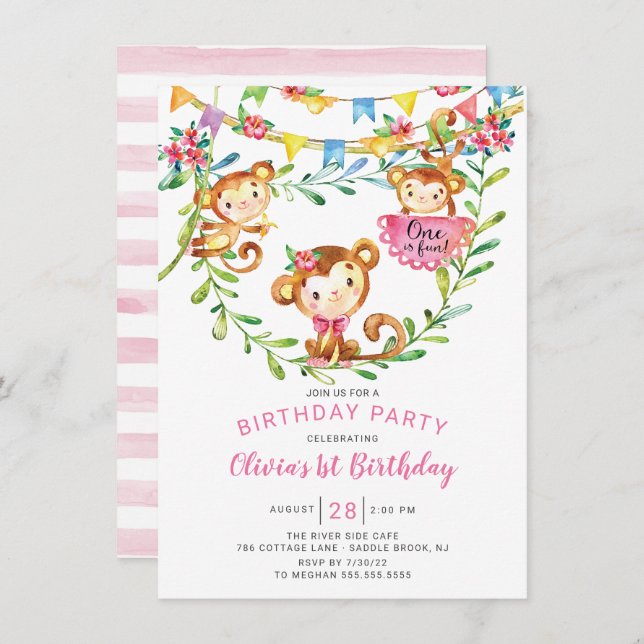 Invitación Uno es un mono divertido primer cumpleaños (Anverso / Reverso)