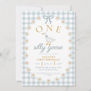 Invitación UNO Ganso Tonto Cuadros Azules Daisy Primer Cumple