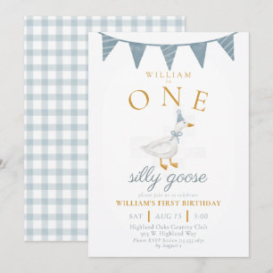Invitación UNO Ganso Tonto Niño de Gingham Azul Primer Cumple