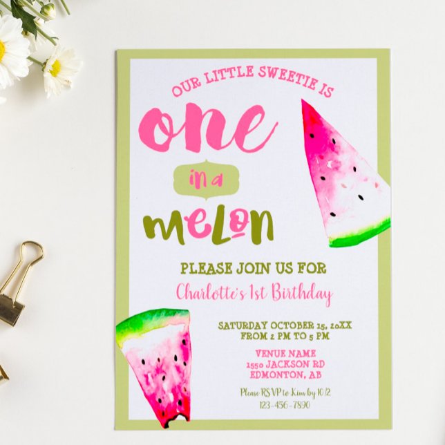 Invitación Uno lindo en un melón Primer cumpleaños Verde rosa (Subido por el creador)