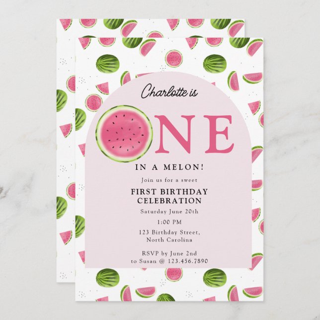 Invitación Uno lindo en una sandía de melón en verano cumplea (Anverso / Reverso)