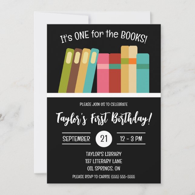 Invitación ¡Uno para los Libros! Primera fiesta de cumpleaños (Anverso)