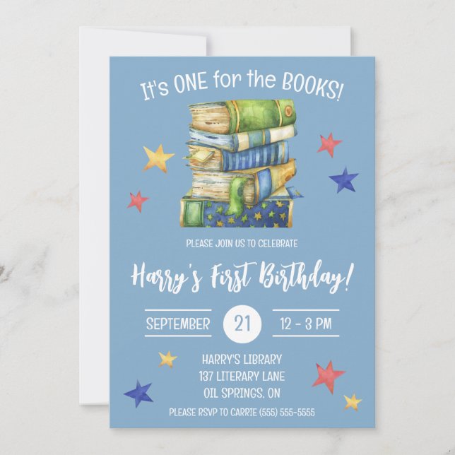 Invitación ¡Uno para los Libros! Primera fiesta de cumpleaños (Anverso)