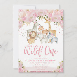 Invitación Uno Salvaje Animales de Safari Rubor Floral Niña