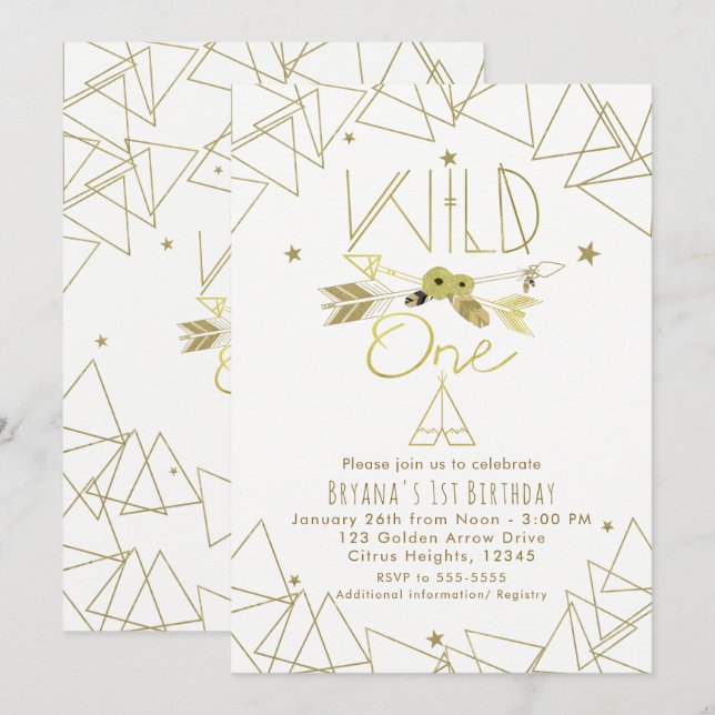 Invitación UNO SALVAJE Cumpleaños Boho 1er oro y blanco CUALQ (Anverso / Reverso)