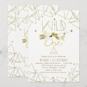 Invitación UNO SALVAJE Cumpleaños Boho 1er oro y blanco CUALQ