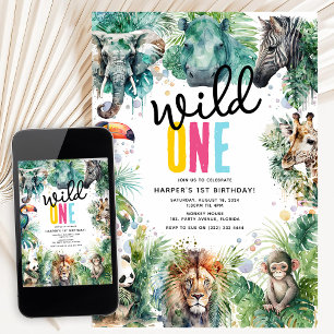 Invitación UNO Salvaje Cumpleaños Safari Animales Genial 1er