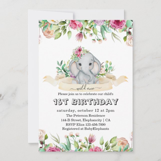 Invitación Uno salvaje - Elefante bebé y Flores Primer cumple (Anverso)