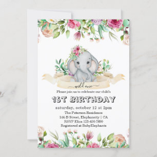 Invitación Uno salvaje - Elefante bebé y Flores Primer cumple