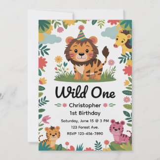 Invitación Uno Salvaje Safari Animales 1er Cumpleaños | Jungl
