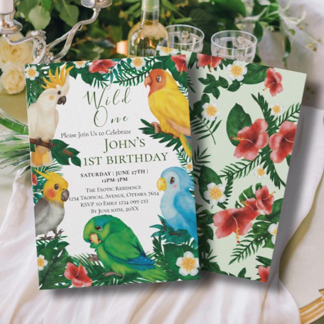 Invitación Uno salvaje tropical Exótico Loros Niño 1er Cumple (Subido por el creador)