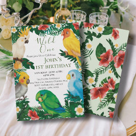 Invitación Uno Salvaje Tropical Loros Exóticos Niño Cumpleaño