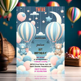 Invitación unos oso conjunto Hot Air Balloon Twins 1er cumple