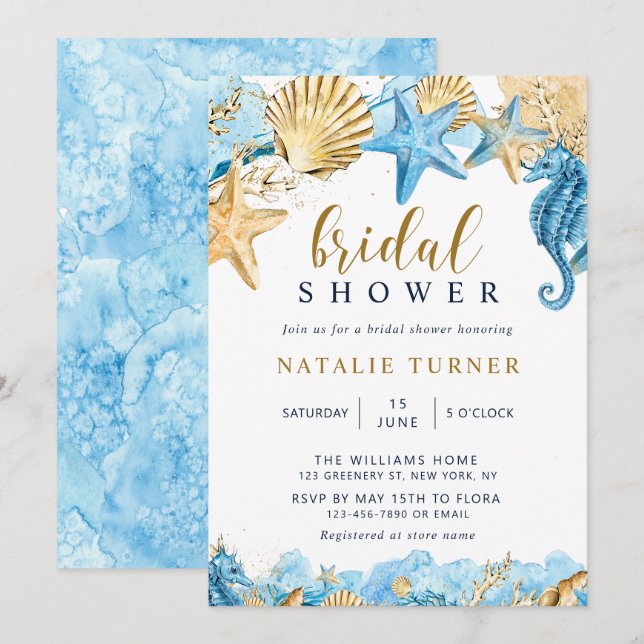 Invitación Unterhalb des Meeres | Gold und Blaues Brautparty (Anverso / Reverso)