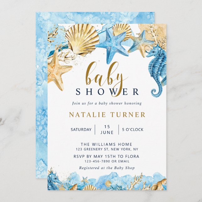 Invitación Unterhalb des Meeres | Gold und Blue Baby Dusche (Anverso / Reverso)