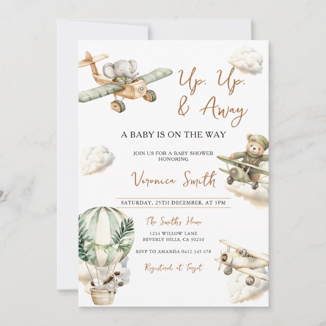 Invitación Up & Away, Hot Air Balloon Airplane Baby Shower (Anverso)