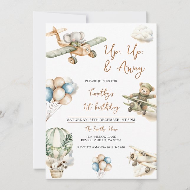 Invitación Up Up & Away Airplane Boy 1st Birthday (Anverso)