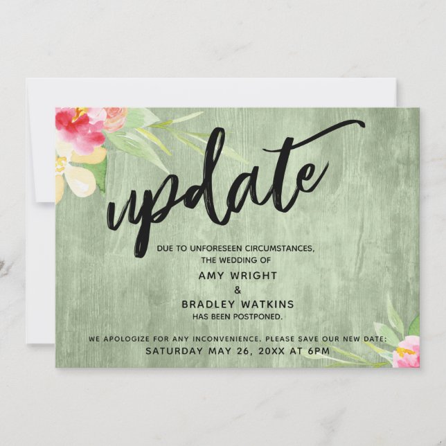 Invitación "Update" Flowers Green Wood Posponed Boda (Anverso)