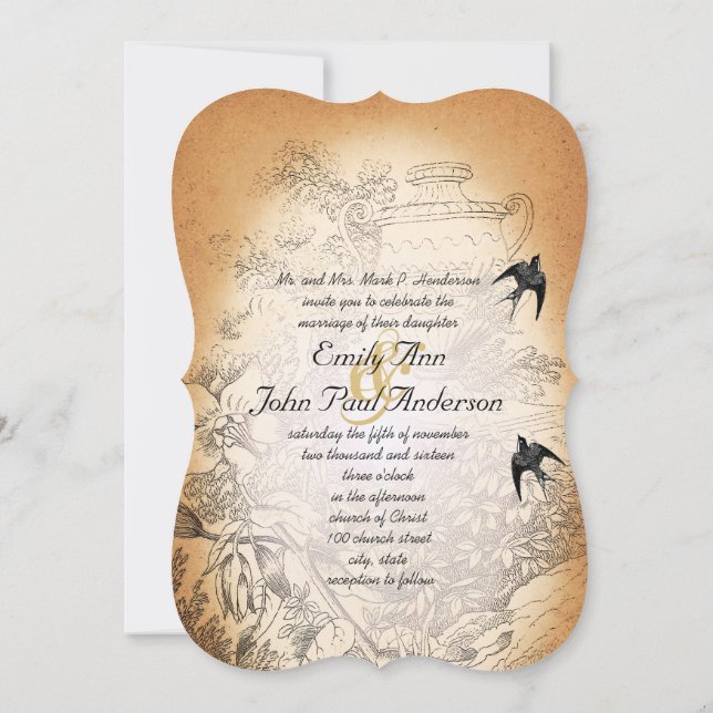 Invitación Urn Floral Antiguo Aves Boda  (Reverso)