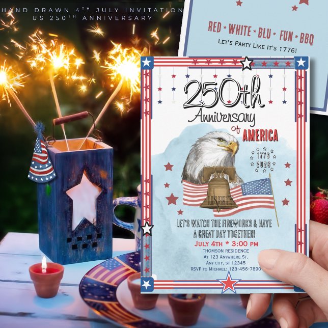 Invitación US 250th Anniversary Hand Drawn Bell Eagle (US 250th Anniversary Hand Drawn Bell Eagle Invitation)