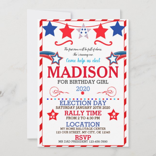 INVITACIÓN US BIRTHDAY GIRL ELECTION BIRTHDAY INVITATION (Anverso)